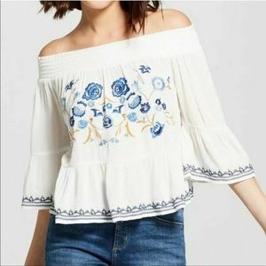 Xhiliration Embroidered Off the Shoulder Top Small